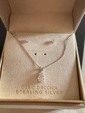 Sterling Silver Teardrop Cubic Zirconia Pendant Necklace Earring Set